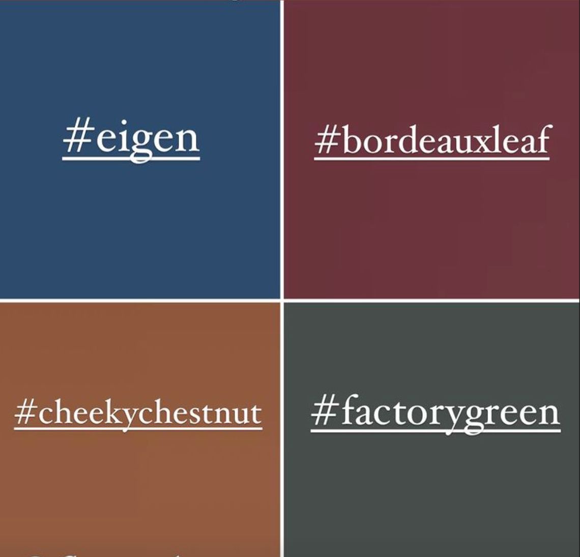kleurencombinatie van de kleur Eigen, Bordeaux Leaf, Cheeky Chestnut en Factory Green
