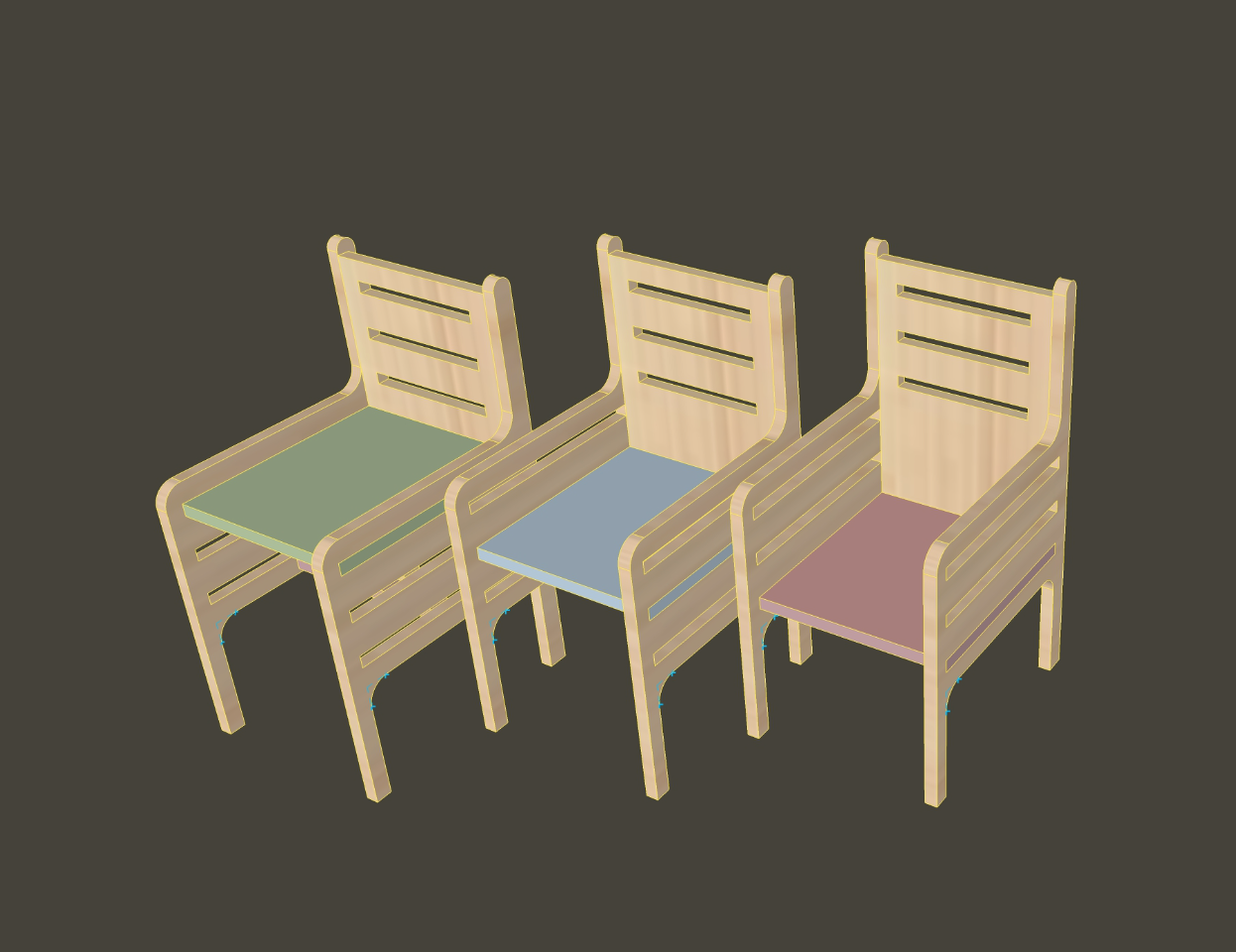 Kinderstoel op verschillende hoogtes met kleurrijke zittingen.